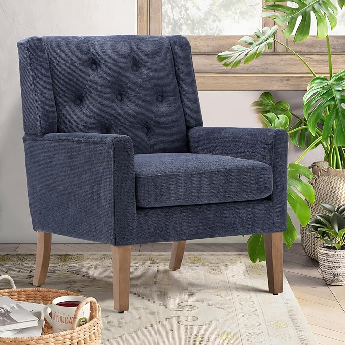 COLAMY Mid-Century Accent Chairs, Modern Wingback Living Room Chair, Upholstered Armchair with Button Tufted Back and Wood Legs for Bedroom/Office/Reading Spaces, Blue - LeafyLoom