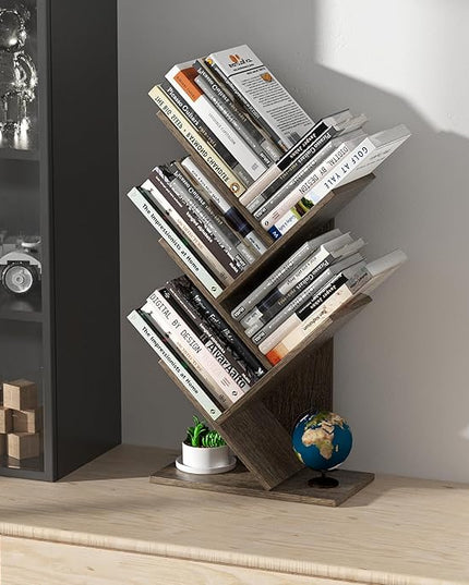 5 Tier Small Tree Bookshelf Desk Book Organizer Narrow Bookcases for Books Magazines CDs Free Standing Retro Wooden Storage Shelves for Home Office Bedroom Living Room Oak Grey - LeafyLoom