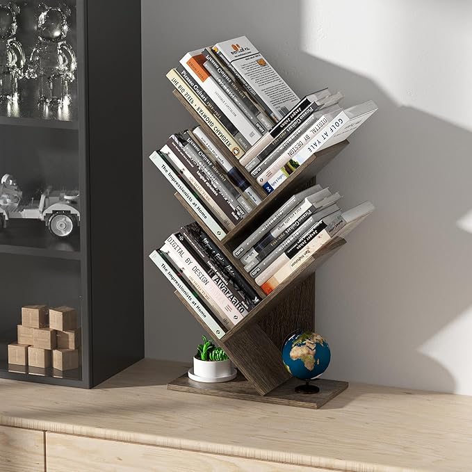 5 Tier Small Tree Bookshelf Desk Book Organizer Narrow Bookcases for Books Magazines CDs Free Standing Retro Wooden Storage Shelves for Home Office Bedroom Living Room Oak Grey - LeafyLoom
