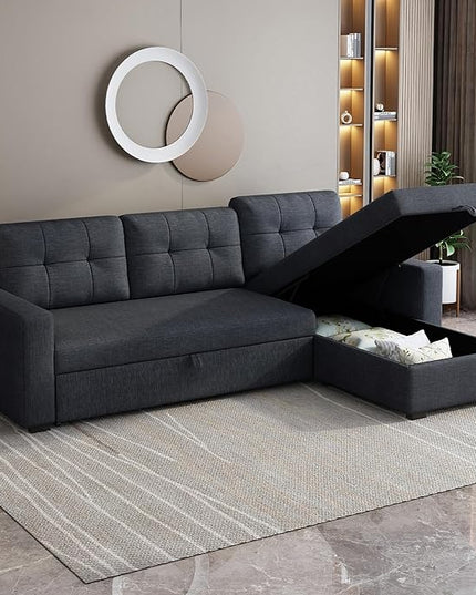 Sleeper Sofa Couch with Pull Out Bed,L Shaped Sleeper Sofa with Storage,Sectional Sleeper Couch,Convertible Sleeper Sectional Sofa W/Chaise and 3 Back Cushions,for Living Room,Office,Dark Grey - LeafyLoom
