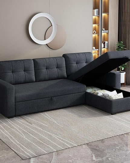81.5" Sectional Sleeper Sofa with Storage Chaise, L Shaped Pull Out Couch Bed with 3 Removable Back Cushion for Living Room,Apartment,Office,Dark Grey - LeafyLoom