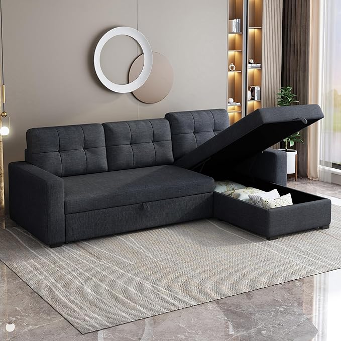 81.5" Sectional Sleeper Sofa with Storage Chaise, L Shaped Pull Out Couch Bed with 3 Removable Back Cushion for Living Room,Apartment,Office,Dark Grey - LeafyLoom