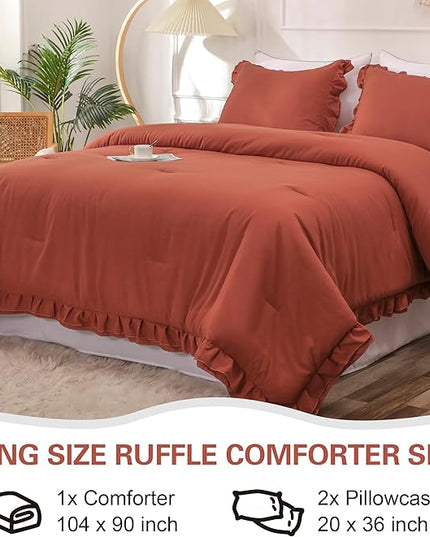 Terracotta Double Ruffle Comforter Set King Size (104x90 Inch), 3 Pcs Farmhouse Vintage Comforter Set (1 Ruffled Comforter and 2 Pillowcase), Rustic All Season Down Alternative Bedding Set - LeafyLoom