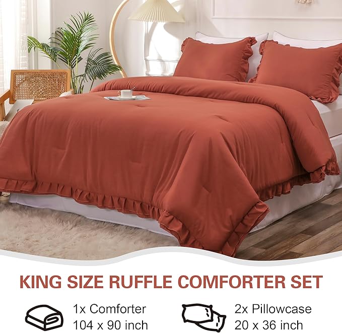 Terracotta Double Ruffle Comforter Set King Size (104x90 Inch), 3 Pcs Farmhouse Vintage Comforter Set (1 Ruffled Comforter and 2 Pillowcase), Rustic All Season Down Alternative Bedding Set - LeafyLoom