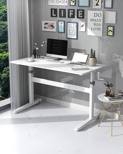 Manual Standing Desk Adjustable Height- Crank Mobile Standing Desk 55 x 24 Inches Sit Stand Desk Frame & Top, Stand Up Desk on Wheels, Computer Desk White Frame & White - LeafyLoom