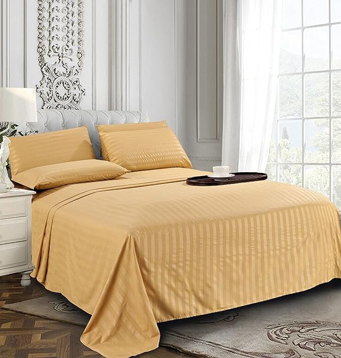 Elegant Comfort Best, Softest, Coziest 6-Piece Sheet Sets! - 1500 Premier Hotel Quality Luxurious Wrinkle Resistant 6-Piece DAMASK STRIPE Bed Sheet Set, Queen Camel/Gold - LeafyLoom