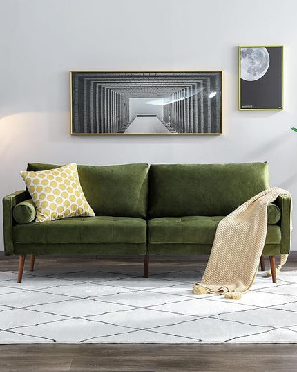 Vonanda Velvet Sofa Couch, Mid Century Modern Craftsmanship 73 inch 3-Seater Sofa with Comfy Tufted Back Cushions and 2 Bolster Pillows for Compact Living Room, Elegant Mustard Green - LeafyLoom