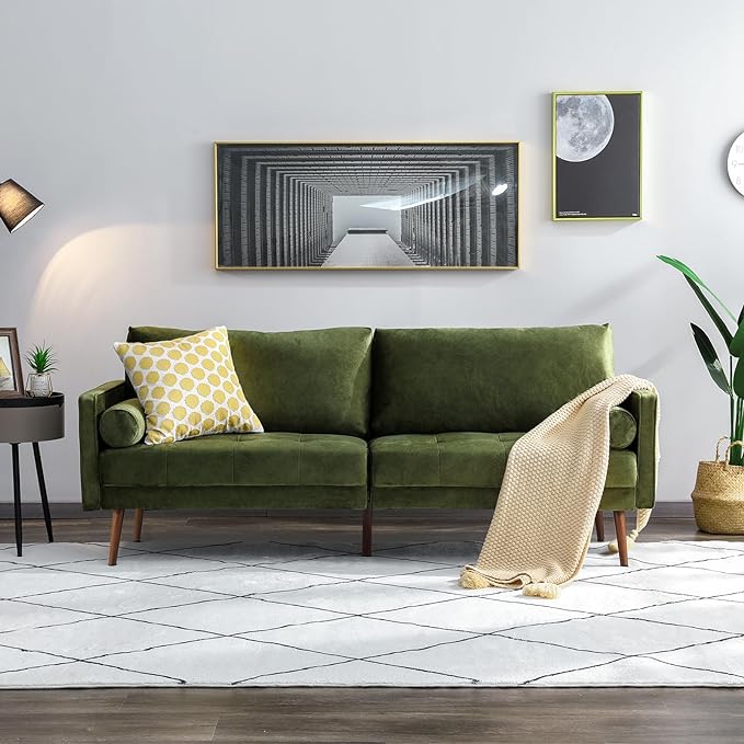 Vonanda Velvet Sofa Couch, Mid Century Modern Craftsmanship 73 inch 3-Seater Sofa with Comfy Tufted Back Cushions and 2 Bolster Pillows for Compact Living Room, Elegant Mustard Green - LeafyLoom