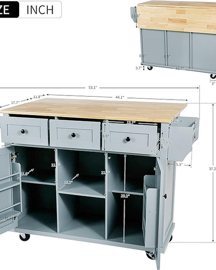 Cart with Drop-Leaf Countertop, Kitchen Island on 5 Universal Wheels with Open Shelves, Storage Cabinet and 3 Drawers, Large Rubberwood Top Breakfast Bar for Dining Room, 53.1 Inch, Grey Blue 5 - LeafyLoom