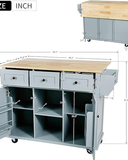 Kitchen Cart with Rubber Wood Drop-Leaf Countertop, Kitchen Island On 5 Wheels with Storage Cabinet, 3 Drawers and Internal Storage Racks, Rolling Mobile Portable Serving Carts (Blue) - LeafyLoom