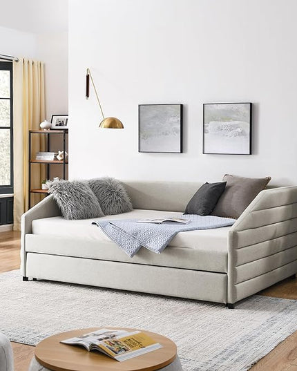 Linen Upholstered Full Size Daybed with Trundle, Solid Wood Tufted Sofa Bed Frame w/Pull Out Bed for Guest Room, Bedroom, Dorm, No Box Spring Needed, Beige - LeafyLoom