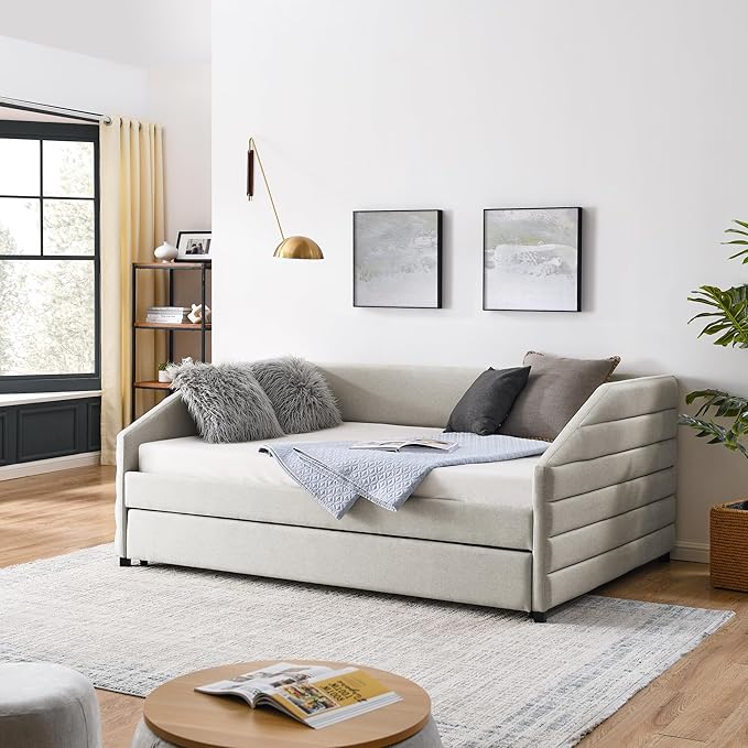 Linen Upholstered Full Size Daybed with Trundle, Solid Wood Tufted Sofa Bed Frame w/Pull Out Bed for Guest Room, Bedroom, Dorm, No Box Spring Needed, Beige - LeafyLoom