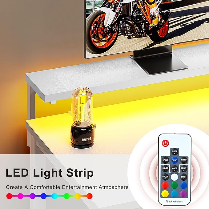 Need 60 inch Computer Desk with LED Lights & Power Outlets, Large Home Desk with Monitor Shelf, Writing Table Gaming Desk Home Office Desk, White - LeafyLoom