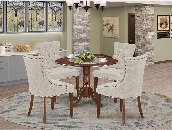 East West Furniture Dublin 5 Piece Dinette Set for 4 Includes a Round Room Table with Dropleaf and 4 Doeskin Linen Fabric Parson Dining Chairs, 42x42 Inch, DLFR5-MAH-05 - LeafyLoom
