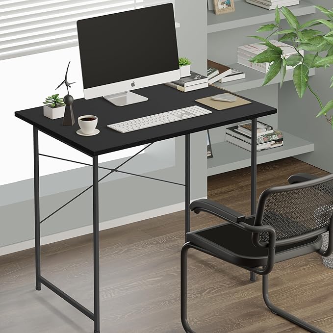 HealSmart Home Office Computer Desk, Modern Style Design with Headphone Hooks for Working, Writing and Gaming, 32 Inch, Black - LeafyLoom