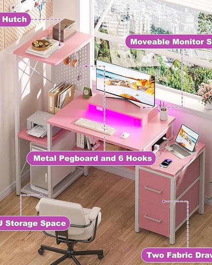 Small Gaming Desk with 2 Fabric Drawers - Reversible Computer Desk with Power Outlet & LED Lights, 49" Office Desk with Monitor Stand & Storage Shelves, Writing Study Table with Pegboard, Pink - LeafyLoom