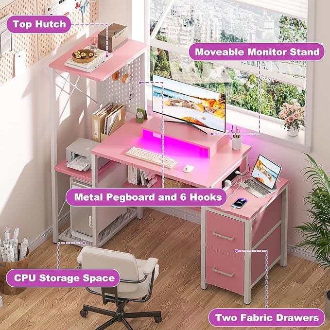 Small Gaming Desk with 2 Fabric Drawers - Reversible Computer Desk with Power Outlet & LED Lights, 49" Office Desk with Monitor Stand & Storage Shelves, Writing Study Table with Pegboard, Pink - LeafyLoom