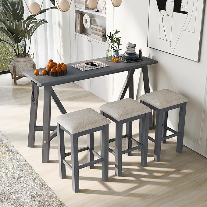 RITSU Multipurpose Set with 3 Upholstered Stools, Easy to Assemble, Table Weight Capacity 350 LBS, for Living, Guest Room, Home Bar, Kitchen, Gray, 3-Piece - LeafyLoom