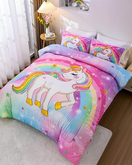 Aimuan Girls Unicorn Comforter Set 3 Pieces Pink Purple Bedding Set with Rainbow Star Galaxy Stars Fantasy Children Room Decor Soft Reversible Bed Sets for Boys/Girls/Teens (Rainbow Twin3Pcs) - LeafyLoom