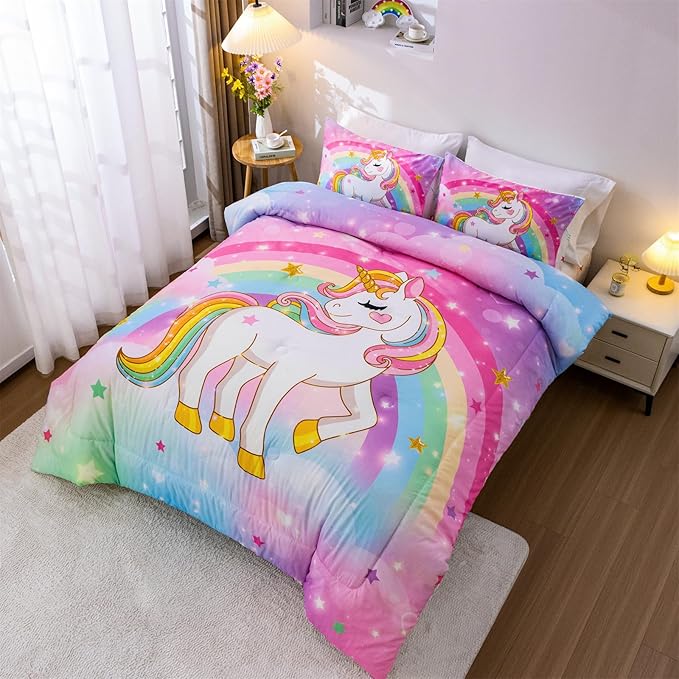 Aimuan Girls Unicorn Comforter Set 3 Pieces Pink Purple Bedding Set with Rainbow Star Galaxy Stars Fantasy Children Room Decor Soft Reversible Bed Sets for Boys/Girls/Teens (Rainbow Twin3Pcs) - LeafyLoom