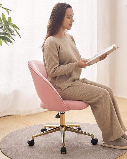 Furniliving Pink Vanity Chair, Cute Desk Chairs for Girls with Back, Rolling Upholstered Accent Chair for Living Room/Makeup Room/Bedroom, Pink - LeafyLoom