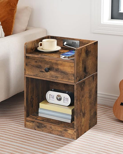 HOOBRO Nightstand with Charging Station, End Table with Drawer and Opening Shelf, Side Table with USB Ports and Outlets, Bedside Table for Bedroom, Small Night Stand, Rustic Brown FG18UBZ01 - LeafyLoom
