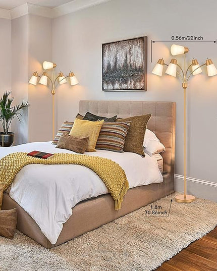 FOLKSMATE LED Floor Lamp, Medusa Multi Head Modern Tall Standing Lamps, Adjustable Corner Reading Floor Light for Living Room, Bedroom, Kids Room, White and Colored Lampshades, Brass Gold - LeafyLoom