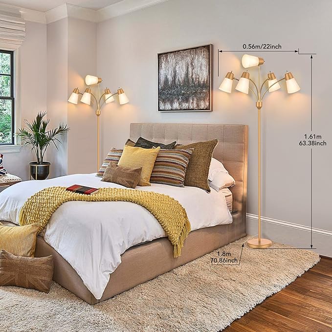 FOLKSMATE LED Floor Lamp, Medusa Multi Head Modern Tall Standing Lamps, Adjustable Corner Reading Floor Light for Living Room, Bedroom, Kids Room, White and Colored Lampshades, Brass Gold - LeafyLoom