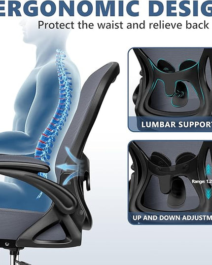 Office Chair Desk Chair, Ergonomic Mesh Computer Chair Home Office Desk Chairs, Swivel Task Chair Mid Back Breathable Rolling Chair with Adjustable Lumbar Support Flip Up Armrest (Dark Gray) - LeafyLoom