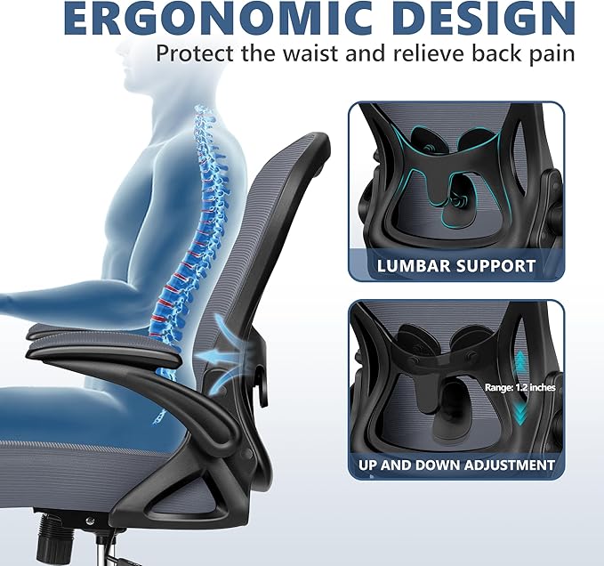 Office Chair Desk Chair, Ergonomic Mesh Computer Chair Home Office Desk Chairs, Swivel Task Chair Mid Back Breathable Rolling Chair with Adjustable Lumbar Support Flip Up Armrest (Dark Gray) - LeafyLoom