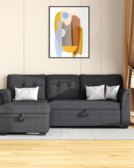 LOVMOR L-Shape Reversible Linen Fabric Sleeper Sectional Sofa with Storage Chaise, Dark Gray Corner Couch with Arms for Living Room, Home Furniture, Apartment, Dorm, 84 Inch - LeafyLoom