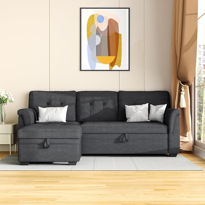 LOVMOR L-Shape Reversible Linen Fabric Sleeper Sectional Sofa with Storage Chaise, Dark Gray Corner Couch with Arms for Living Room, Home Furniture, Apartment, Dorm, 84 Inch - LeafyLoom