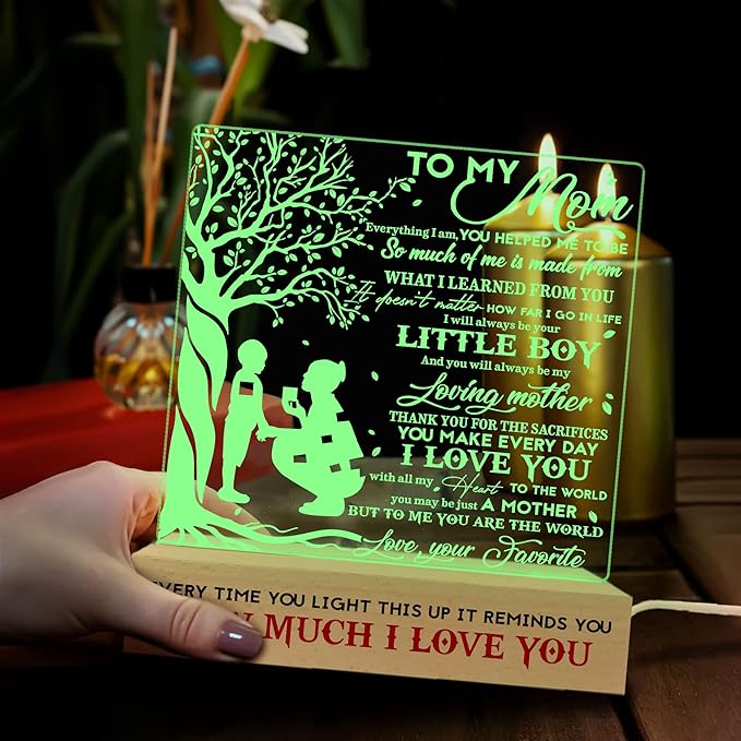 to my Mom 3D Illusion Lamp w/Wooden Base USB Powered, Mom Acrylic Night Light, Gift from Daughter, Bonus Mom Stepmom Gift, Lamp Present for Mom Mother, Gift for Birthday Mothers Day - LeafyLoom