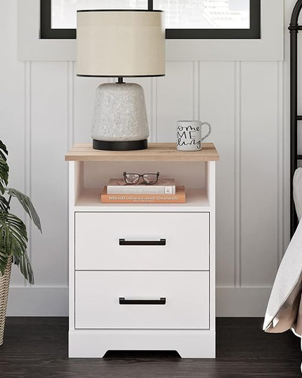 Prepac 2 Drawer Nightstand, 16.25in x 18.75in x 24.5in, White & Oak - LeafyLoom