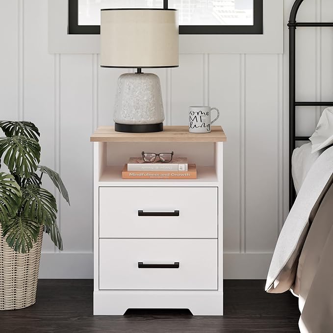 Prepac 2 Drawer Nightstand, 16.25in x 18.75in x 24.5in, White & Oak - LeafyLoom