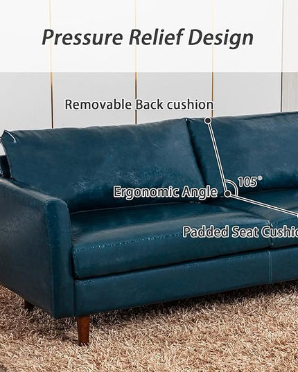 Dreamsir 80'' Faux Leather Sofa Couch, Mid-Century Modern Couch with Solid Wooden Frame & Padded Cushions, 3-Seater Couch for Living Room, Apartment, Lounge Room (Peacock Blue) - LeafyLoom