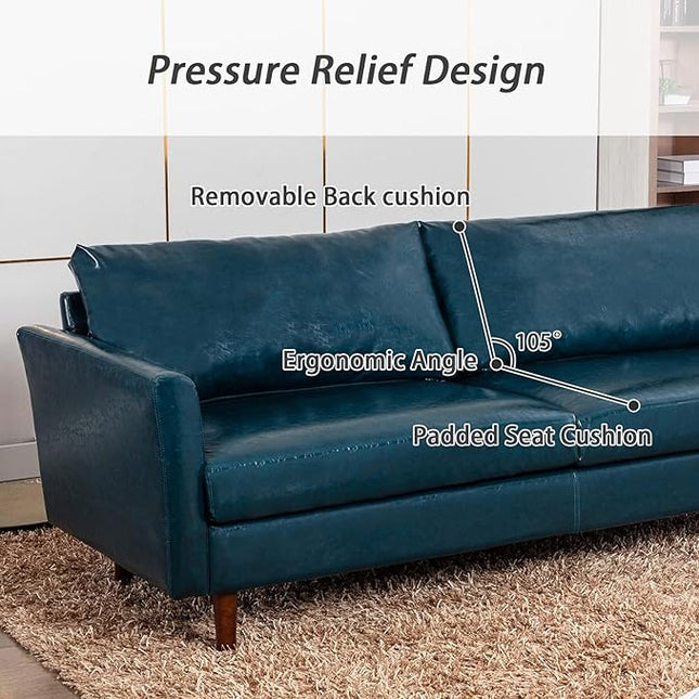 Dreamsir 80'' Faux Leather Sofa Couch, Mid-Century Modern Couch with Solid Wooden Frame & Padded Cushions, 3-Seater Couch for Living Room, Apartment, Lounge Room (Peacock Blue) - LeafyLoom