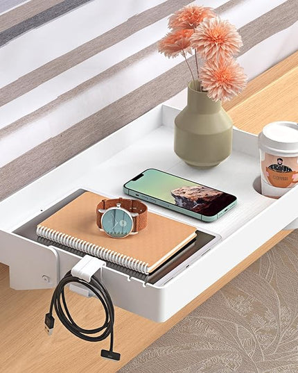 SPACELEAD Bedside Shelf for Bed, College Dorm Room Clip On Nightstand with Cup Holder & Cord Holder -Tray Table Caddy for Students, Bunk Bed Shelf for Organizer Top for Bedroom (White，Plastic) - LeafyLoom