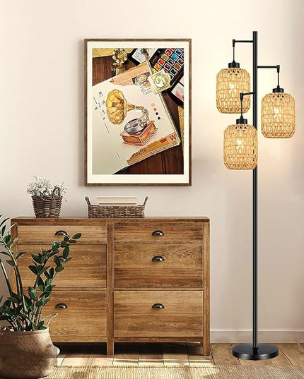 Floor Lamp for Living Room,Bedroom,Boho Rattan Tree 3 Lights Farmhouse Floor Lights,Industrial Black Standing Lamp Wicker Rustic Tall Lamp,Woven Bamboo LampShade Floor Lamps Bohemian - LeafyLoom