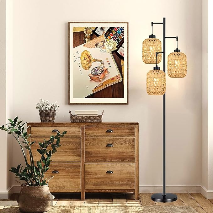 Floor Lamp for Living Room,Bedroom,Boho Rattan Tree 3 Lights Farmhouse Floor Lights,Industrial Black Standing Lamp Wicker Rustic Tall Lamp,Woven Bamboo LampShade Floor Lamps Bohemian - LeafyLoom