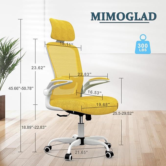 Mimoglad Office Chair, High Back Ergonomic Desk Chair with Adjustable Lumbar Support and Headrest, Swivel Task Chair with flip-up Armrests for Guitar Playing, 5 Years Warranty (Classic, Yellow) - LeafyLoom