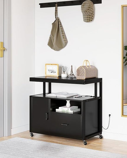 YITAHOME Wood File Cabinet with Charging Station, Rolling Filing Cabinet Cart with Door, Industrial Nightstand with Printer Shelf for Home Office, Bedroom, Living Room, Entryway, Black - LeafyLoom