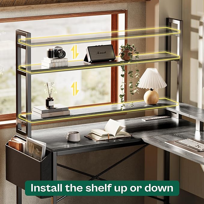 L Shaped Desk Computer Desk with LED Lights & Power Outlets, Gaming Desk with Storage Shelves, Corner Desk Home Office Desks for Bedroom, Grey - LeafyLoom