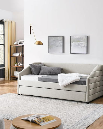 RITSU Twin Size Modern Daybed on Casters, Pull-Out Upholstered Tufted Sofa Bed, Linen Fabric & Plywood Frame, No Box Spring Required, Suitable for Bedrooms, Apartments, 82.50, Beige-3 - LeafyLoom