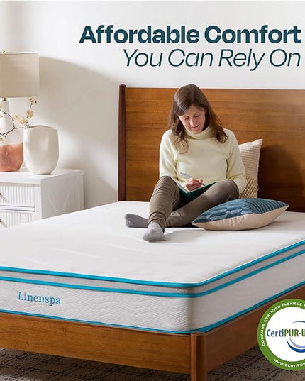 Linenspa 8 Inch Memory Foam and Spring Hybrid Mattress - Medium Firm Feel - Bed in a Box - Quality Comfort and Adaptive Support - Breathable - Cooling - Guest and Kids Bedroom - Full Size - LeafyLoom