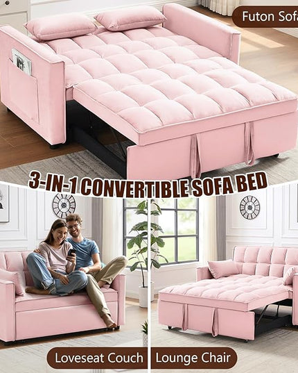 Loveseat Sofa Bed Convertible Chair with 2 Pockets & 2 Pillows for Living Room, Pink - LeafyLoom