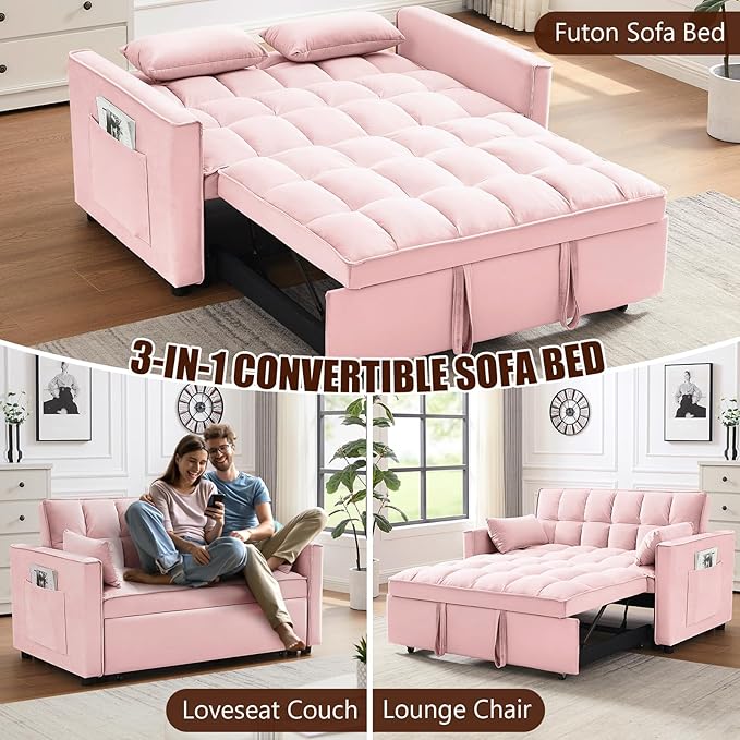 Loveseat Sofa Bed Convertible Chair with 2 Pockets & 2 Pillows for Living Room, Pink - LeafyLoom