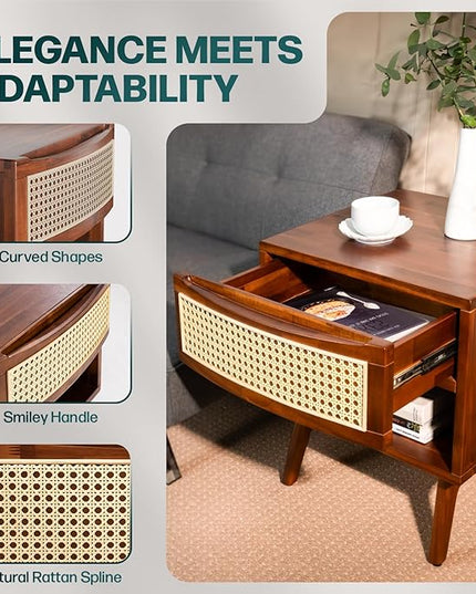 Bme Nightstand Nancy Solid Wood Elegant Curved Shape, Dark Chocolate - LeafyLoom