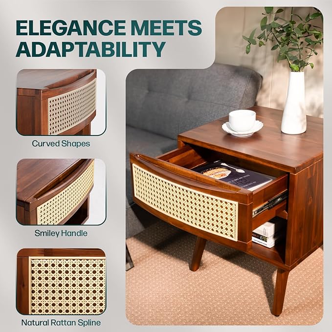 Bme Nightstand Nancy Solid Wood Elegant Curved Shape, Dark Chocolate - LeafyLoom