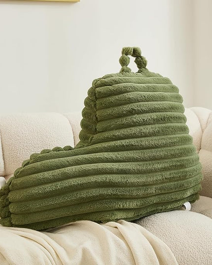 WERDIM Reading Pillow for Sitting in Bed, Faux Fur Back Pillow for Bed Rest, Bed Chair Pillow with Arms and Pockets(Large, Sage) - LeafyLoom